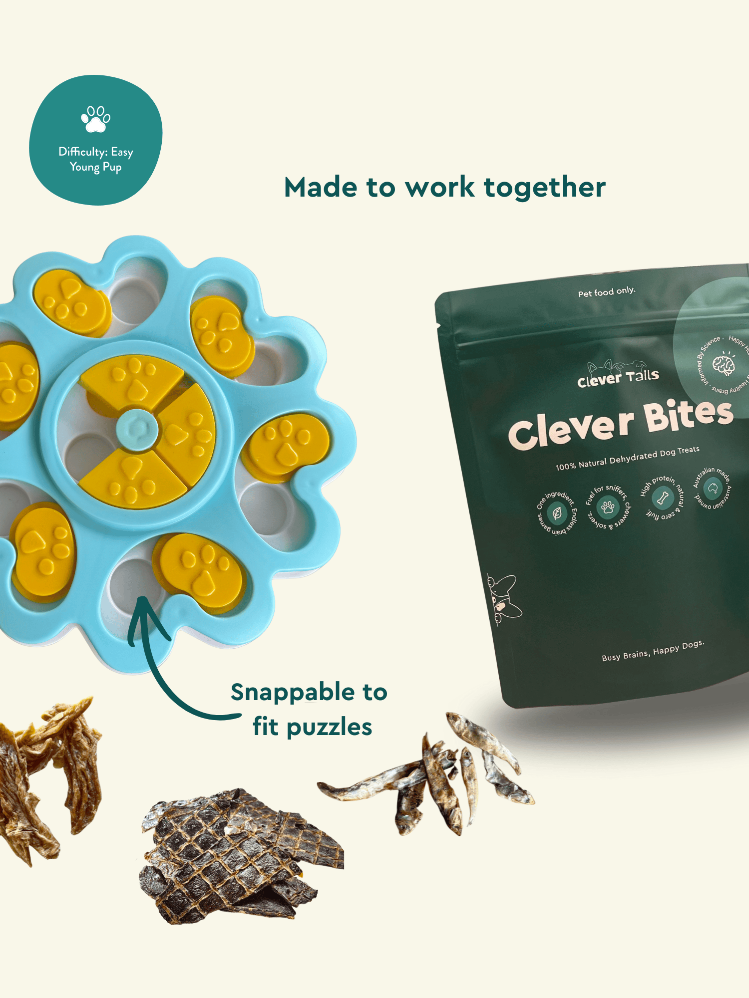 Dog puzzle toy with treats and packaging labeled 'Clever Bites' on a white background