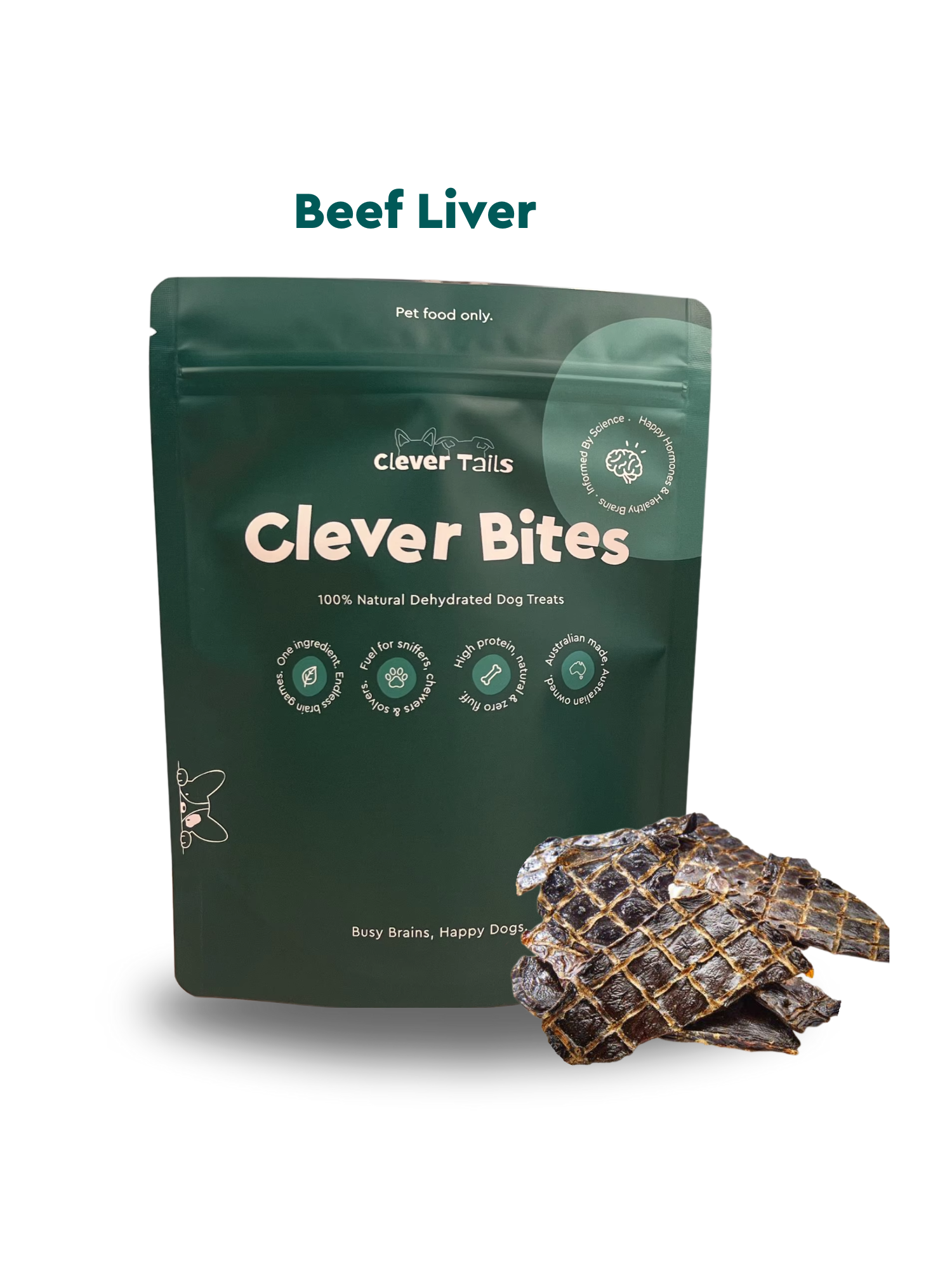Green package of Clever Bites beef liver dog treats on a white background