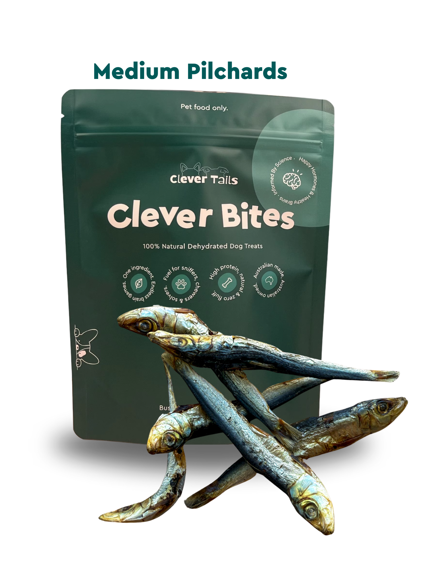 Clever Bites dehydrated dog treats packaging with medium pilchards in front