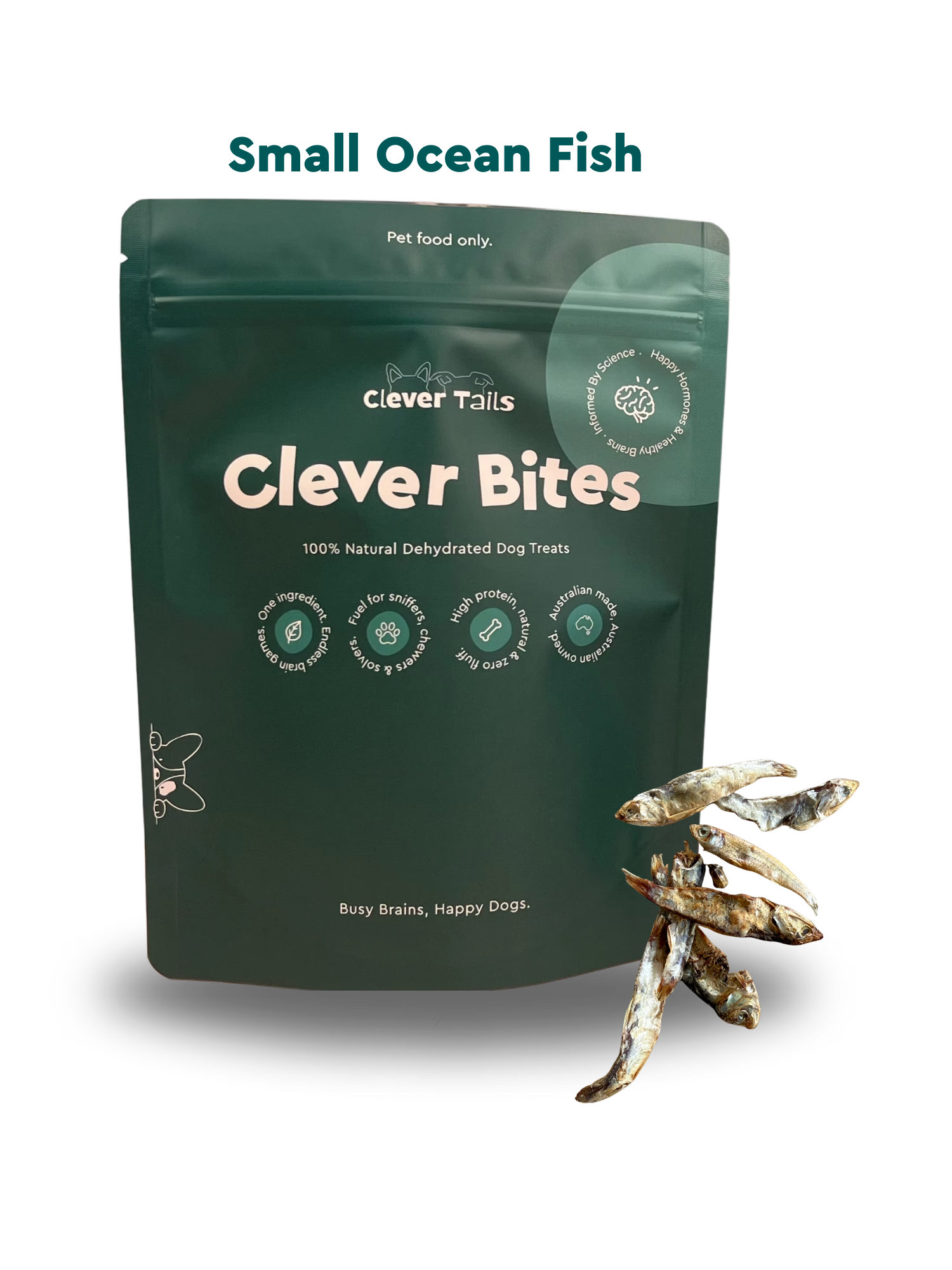 Green package of Clever Bites small ocean fish pet food on a white background