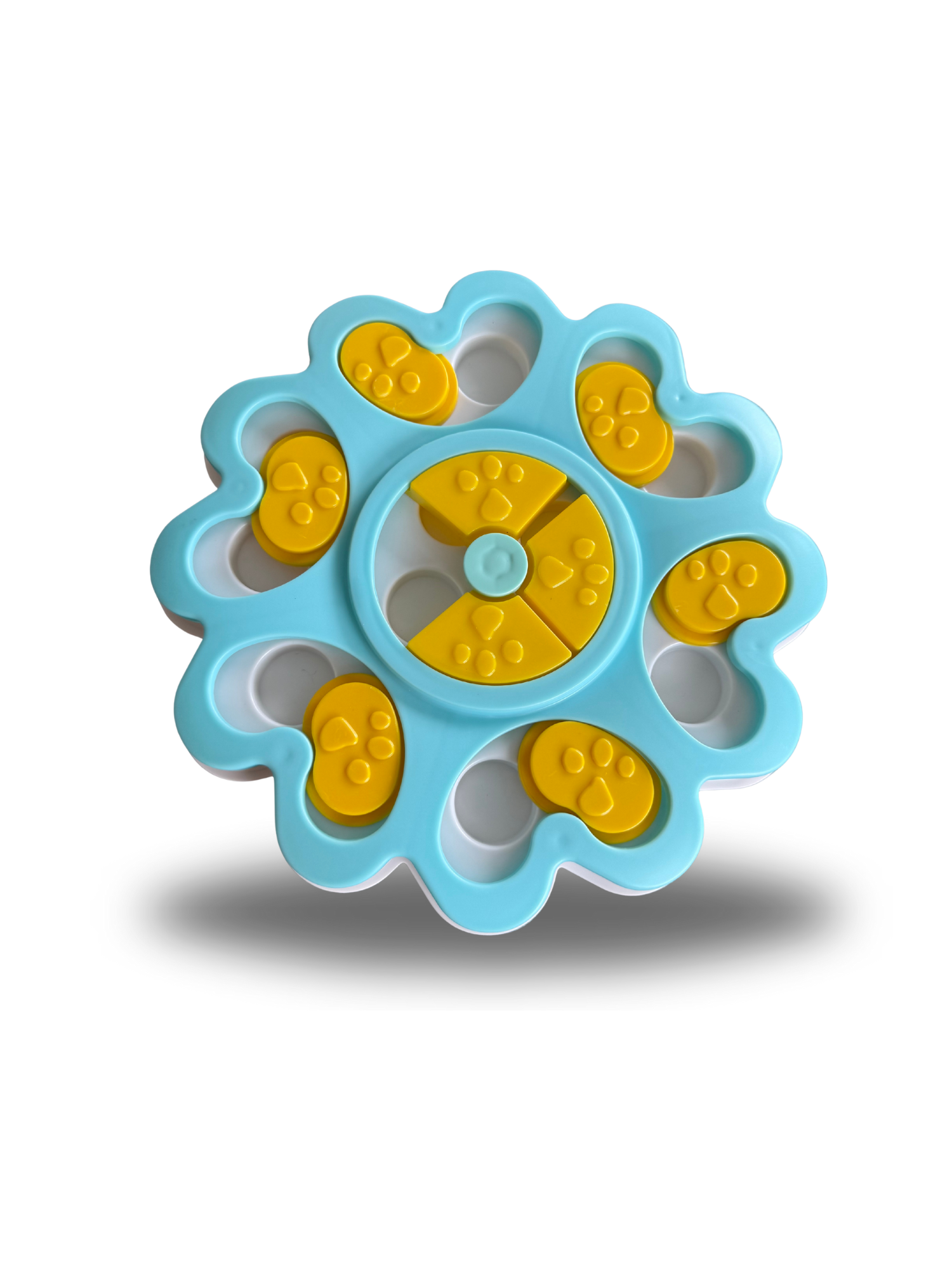 Blue and yellow dog enrichment puzzle on a white background